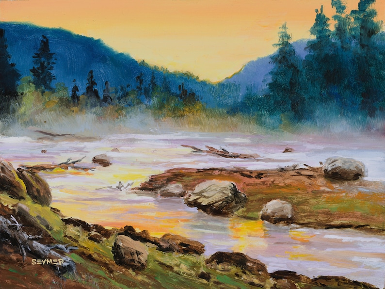 May include: An oil painting depicting a river landscape at sunset. The scene features a flowing river with scattered rocks, surrounded by dark green pine trees and distant blue mountains under a bright orange and yellow sky. Signed SEYMER.