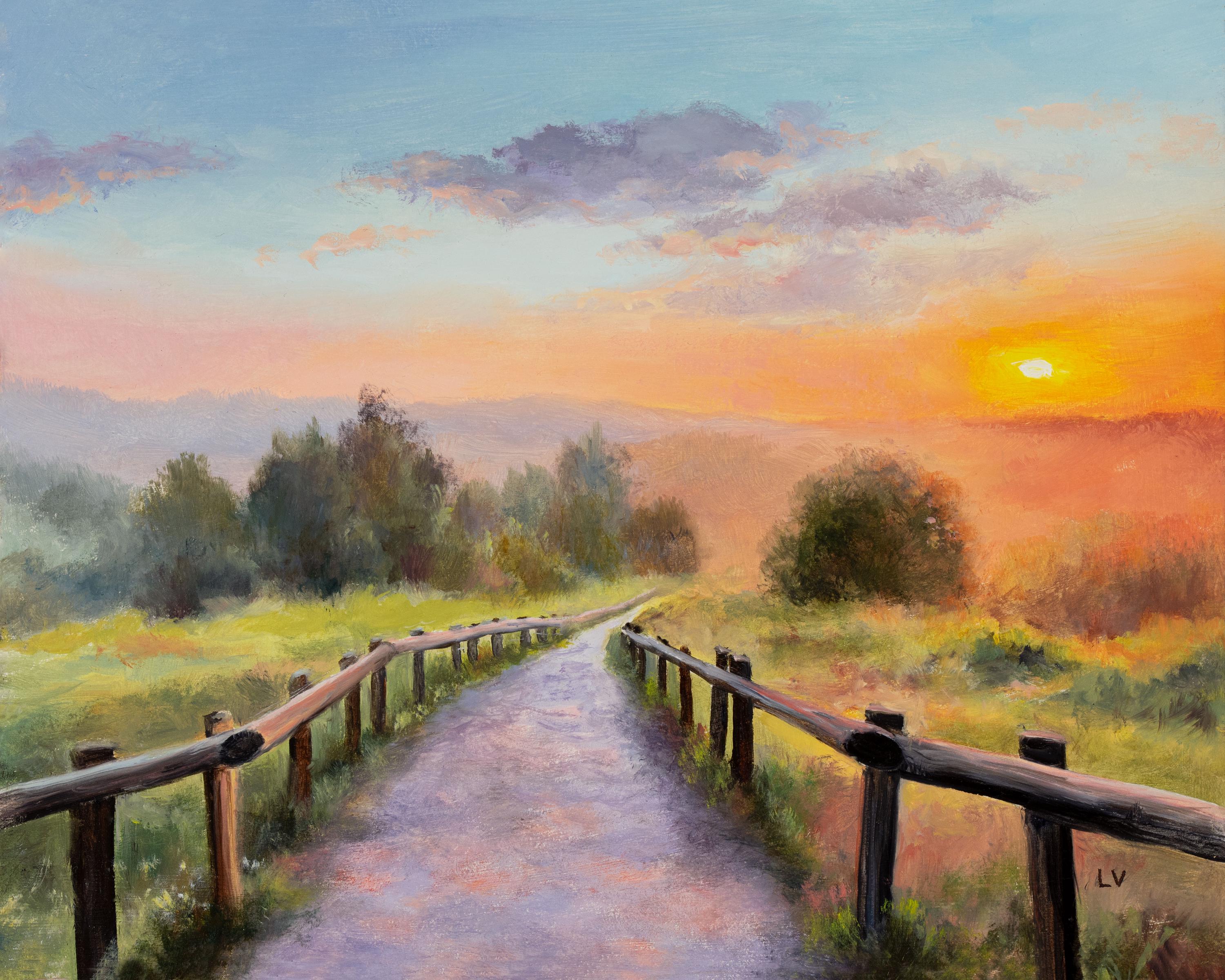 リラックスできる風景のオリジナル油絵、穏やかな夕焼けのアート、田舎