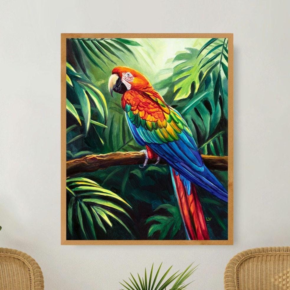 Scarlet Macaw Painting PRINT, Red Parrot Bird Poster, Rainforest