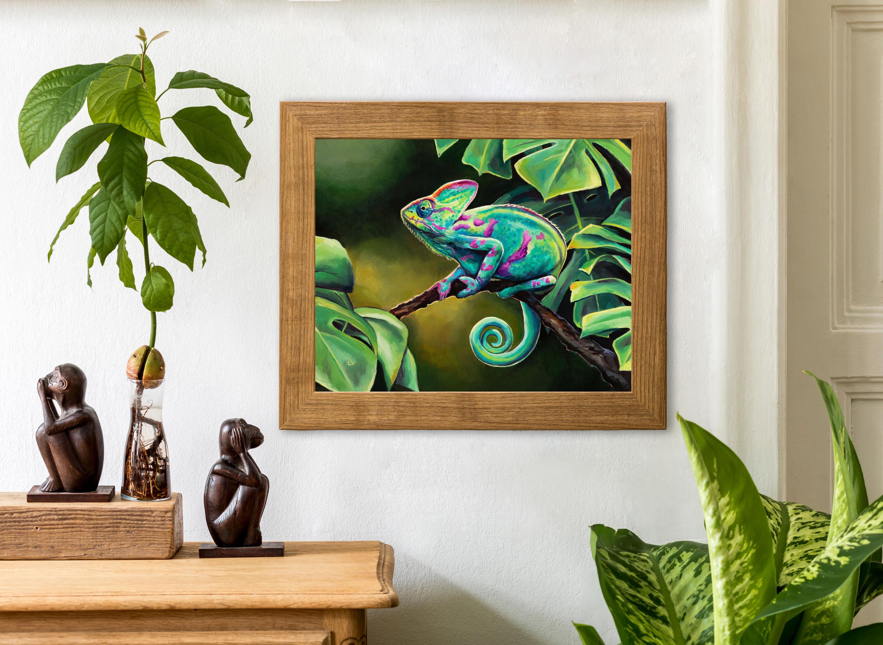 絵画　油絵　原画　動物　カメレオン　グリーン　アート　インテリア　F4 絵画 油絵 原画 動物 亀 アート インテリア F4 絵画