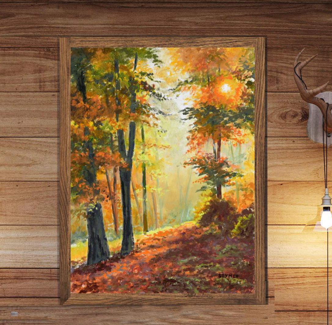 Tableau Art Mural Ancien - Forêt D'automne Brumeuse Au Bord Du Lac - Impression Sur Toile - Style Vintage
