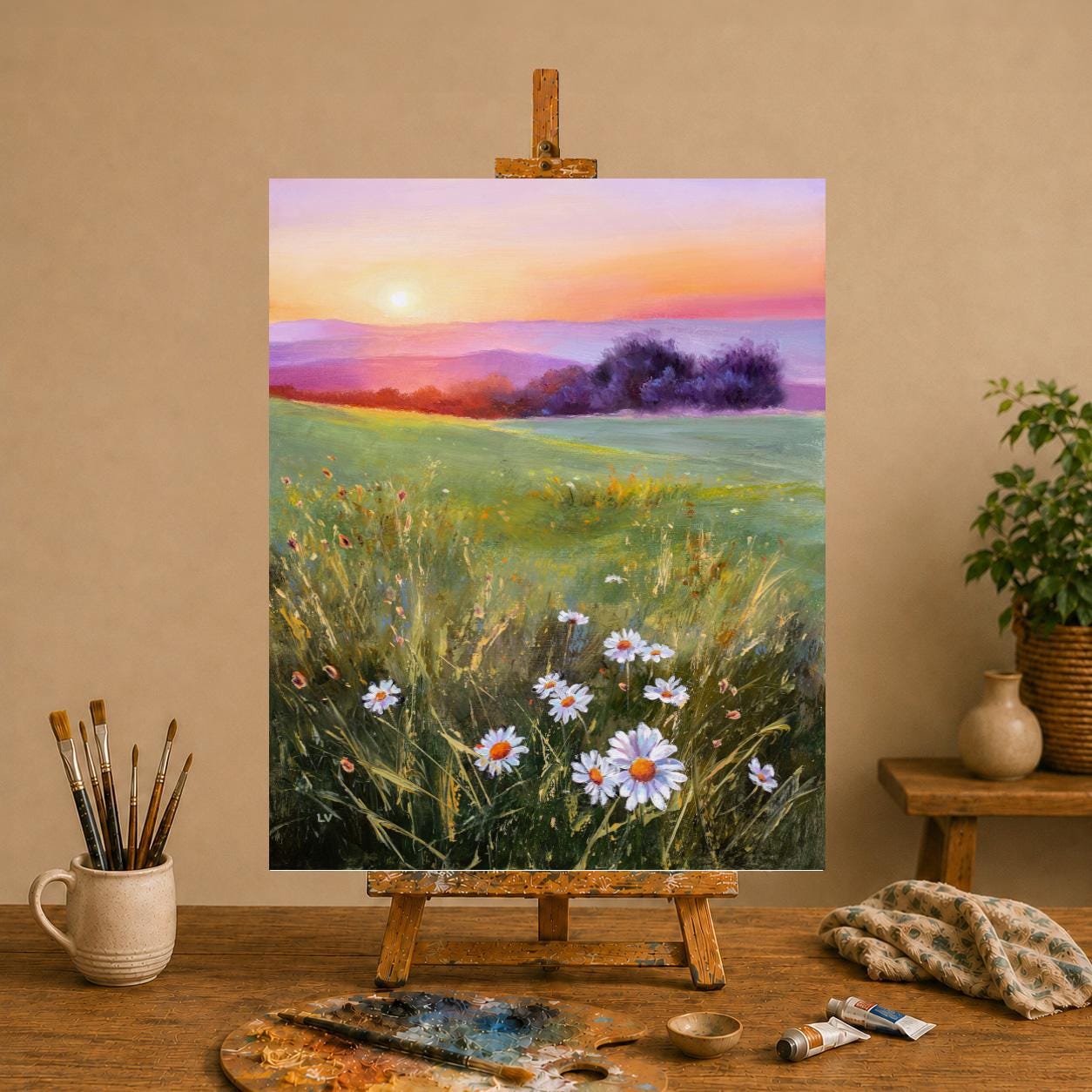 Wildflower ORIGINAL Painting, Meadow Daisies Landscape, Sunset