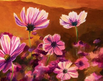 コスモス畑のプリント、夕焼けの草原の油絵、メキシコの花のアート
