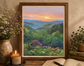 Blue Ridge oil painting print, Mountains panoramic wall print, American landscape artwork, Spring flowers print Landscape, Countryside art