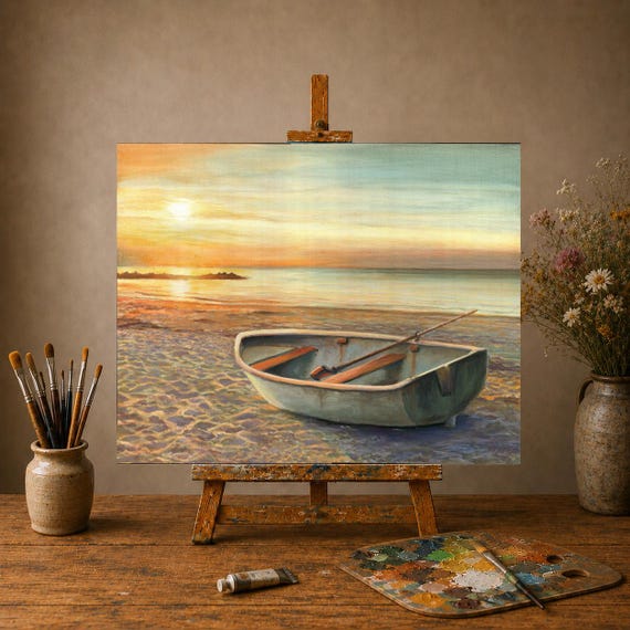 Boat painting ORIGINAL, Sunset beach art, Framed oil painting, Seaside art, Ocean wall art Gift for fisherman Seascape fishing boat fine art