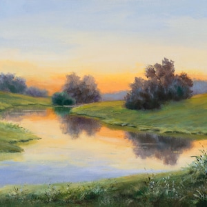 Sunrise river painting ORIGINAL, Landscape water reflections artwork, Oil painting framed, Calming river realistic painting, Art to give