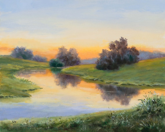 Sunrise River Painting ORIGINAL, Landscape Water Reflections