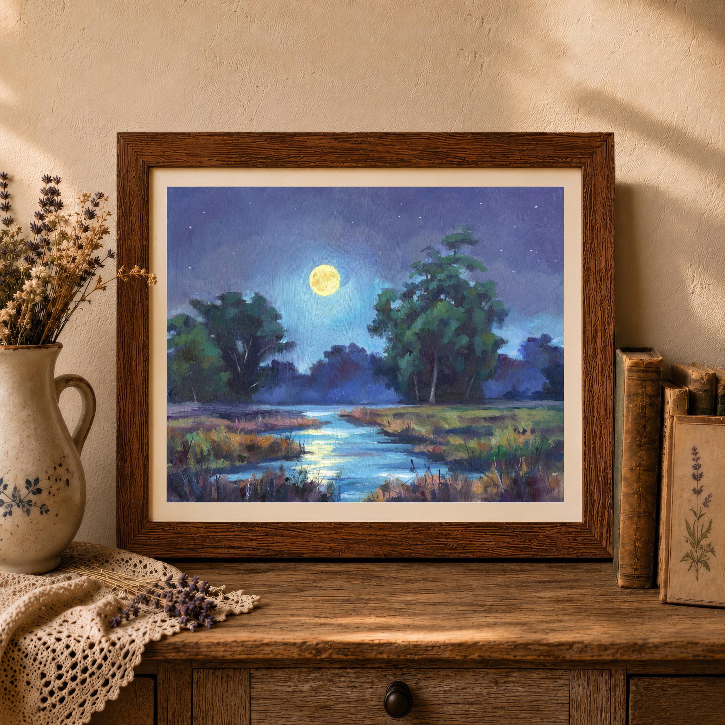 月の風景画プリント、夜の湖の絵画、夜の風景、メランコリックな湖