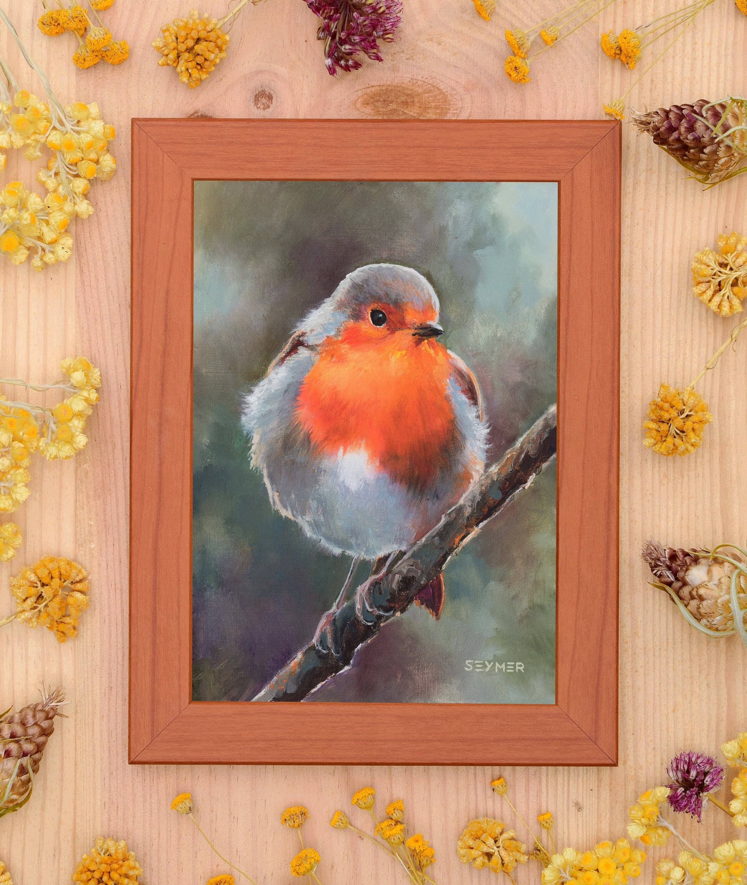 額入りロビン鳥の絵画、リアルな鳥の油絵、赤い鳥のオリジナルアート