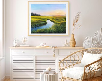 湿地風景油絵オリジナル、黄金の陽光が差し込む水路のアート、フロリダ