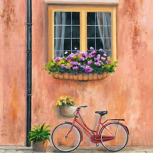 Peinture de vélo ORIGINAL fleurs de fenêtre avec art mural vélo Oeuvre de fleurs de vélo peinture urbaine art original de vélo vintage encadré