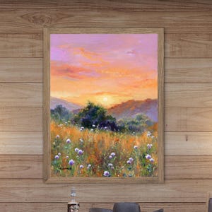 Spring landscape painting PRINT, White wildflowers field wall art, Flowers meadow art original, Colorful small art, Countryside fine art