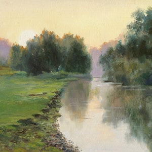 Forest river art ORIGINAL, Vintage nature oil painting Waterscape wall art Romanticism landscape neutral colors Classic river tres water