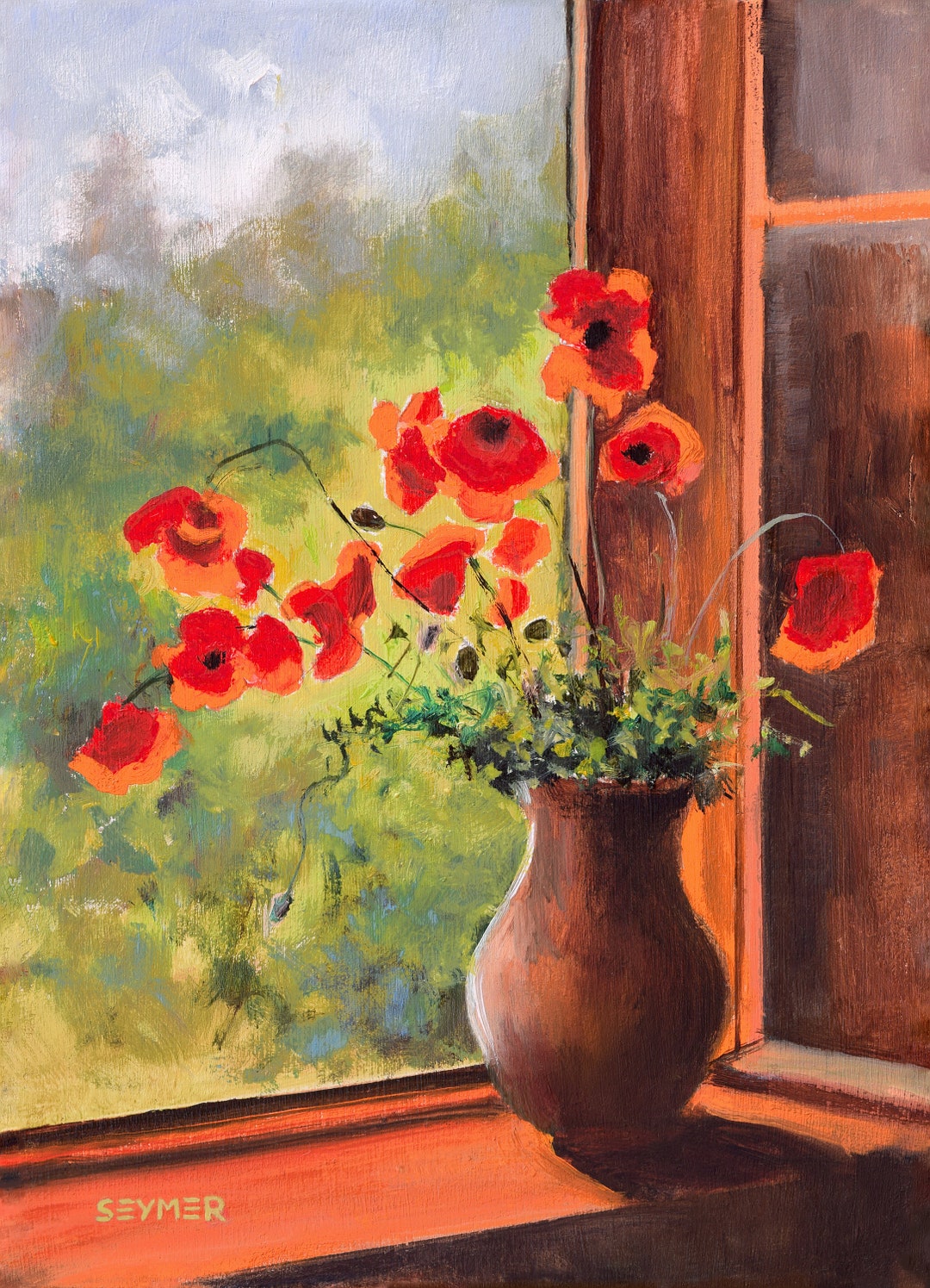 Poppies in a Vase Artwork, Flower Vase Oil Painting, Red Flowers Still