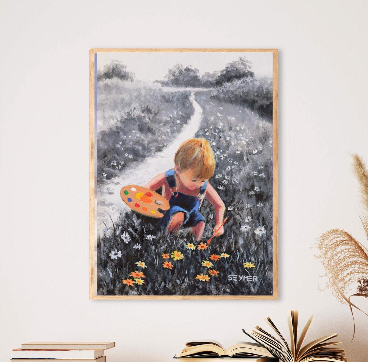 Happy Kids Painting PRINT, Art of Childhood, Black and White Art