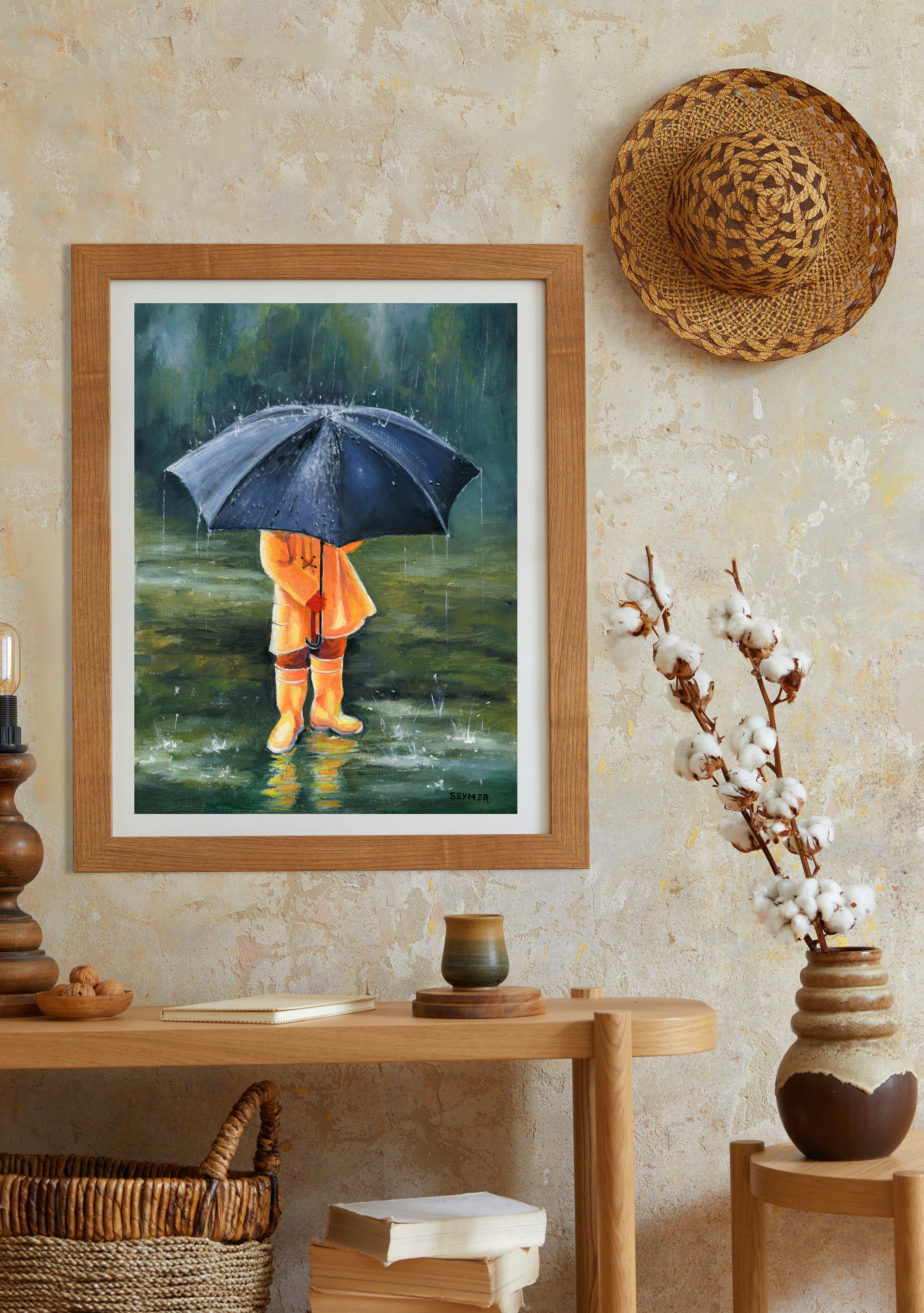 子供用傘プリント、雨の日のアートワーク、具象芸術、子供の油絵、雨の