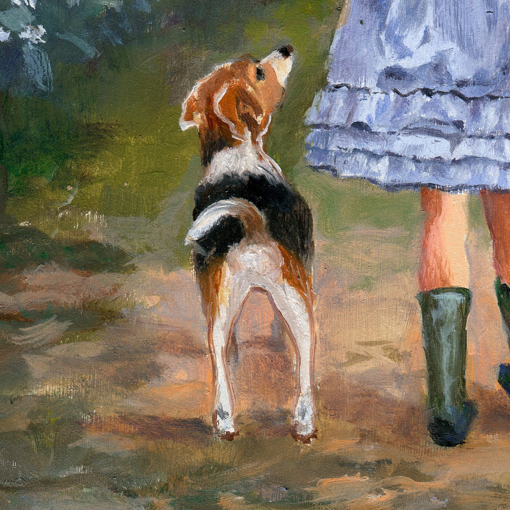 小さな女の子のオリジナル絵画、ビーグル犬のヴィンテージアート、動物