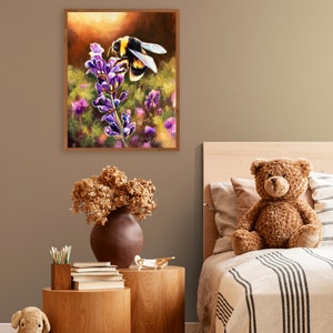 May include: A framed painting of a bumblebee pollinating a purple flower. The painting is set against a brown wall with a wooden bed frame and a teddy bear in the background.