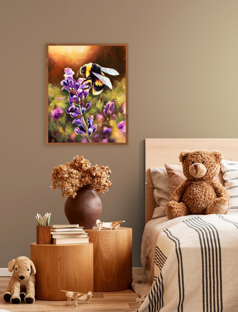 May include: A framed painting of a bumblebee pollinating a purple flower. The painting is set against a brown wall with a wooden bed frame and a teddy bear in the background.