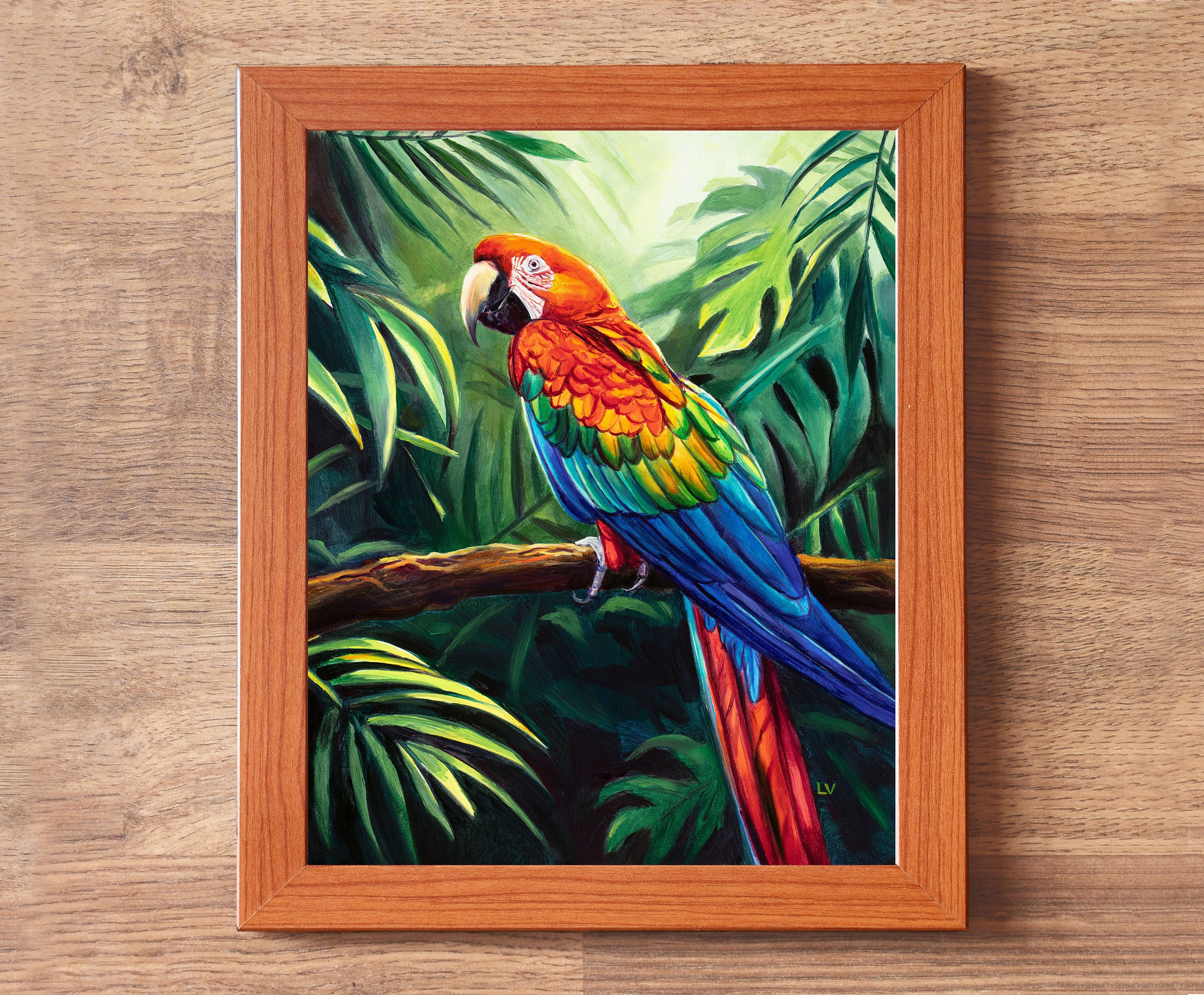 赤いオウムのオリジナル油絵、ジャングルコンゴウインコの肖像画、額