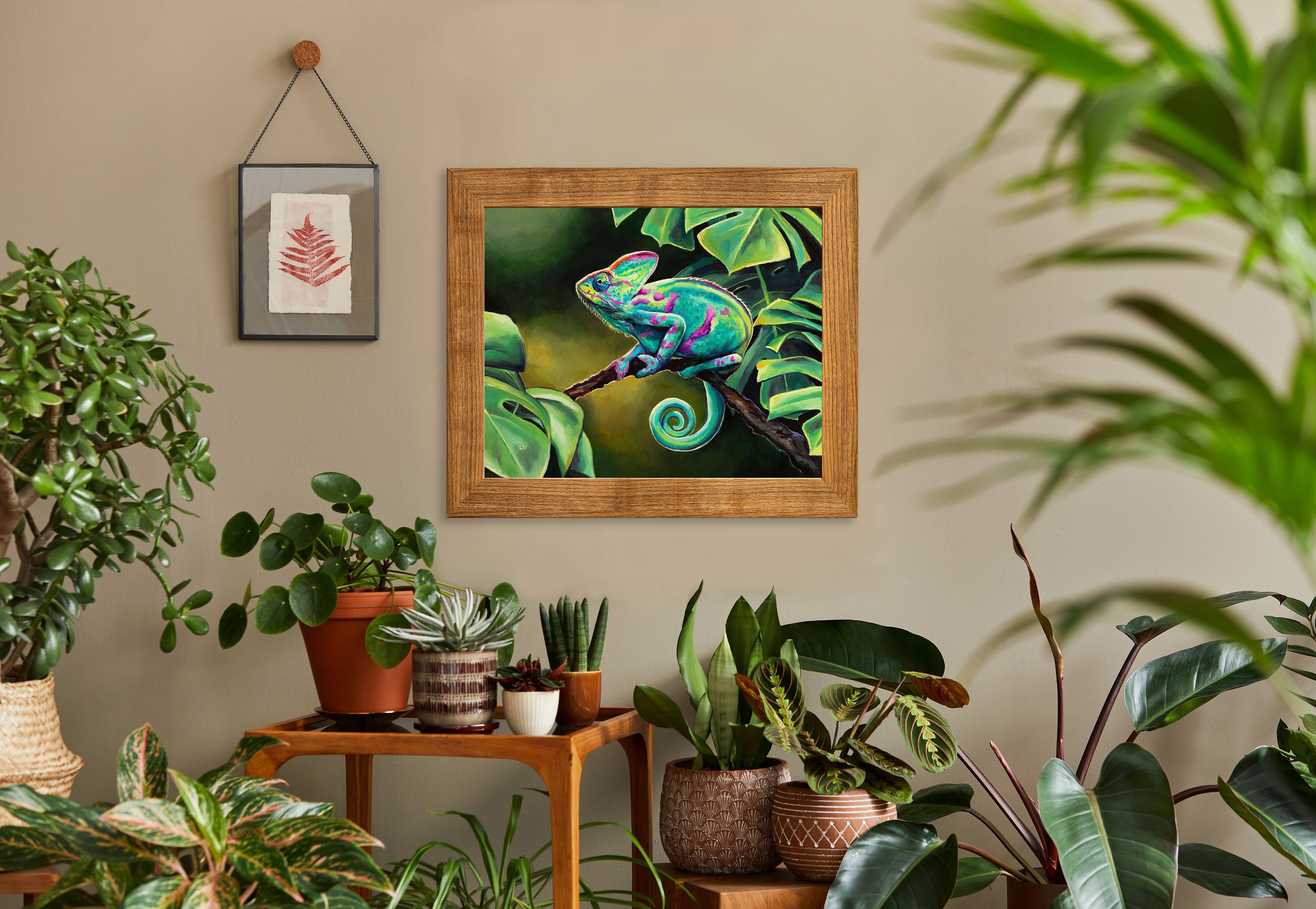 グリーンカメレオンアートプリント、爬虫類の油絵、熱帯動物のアート