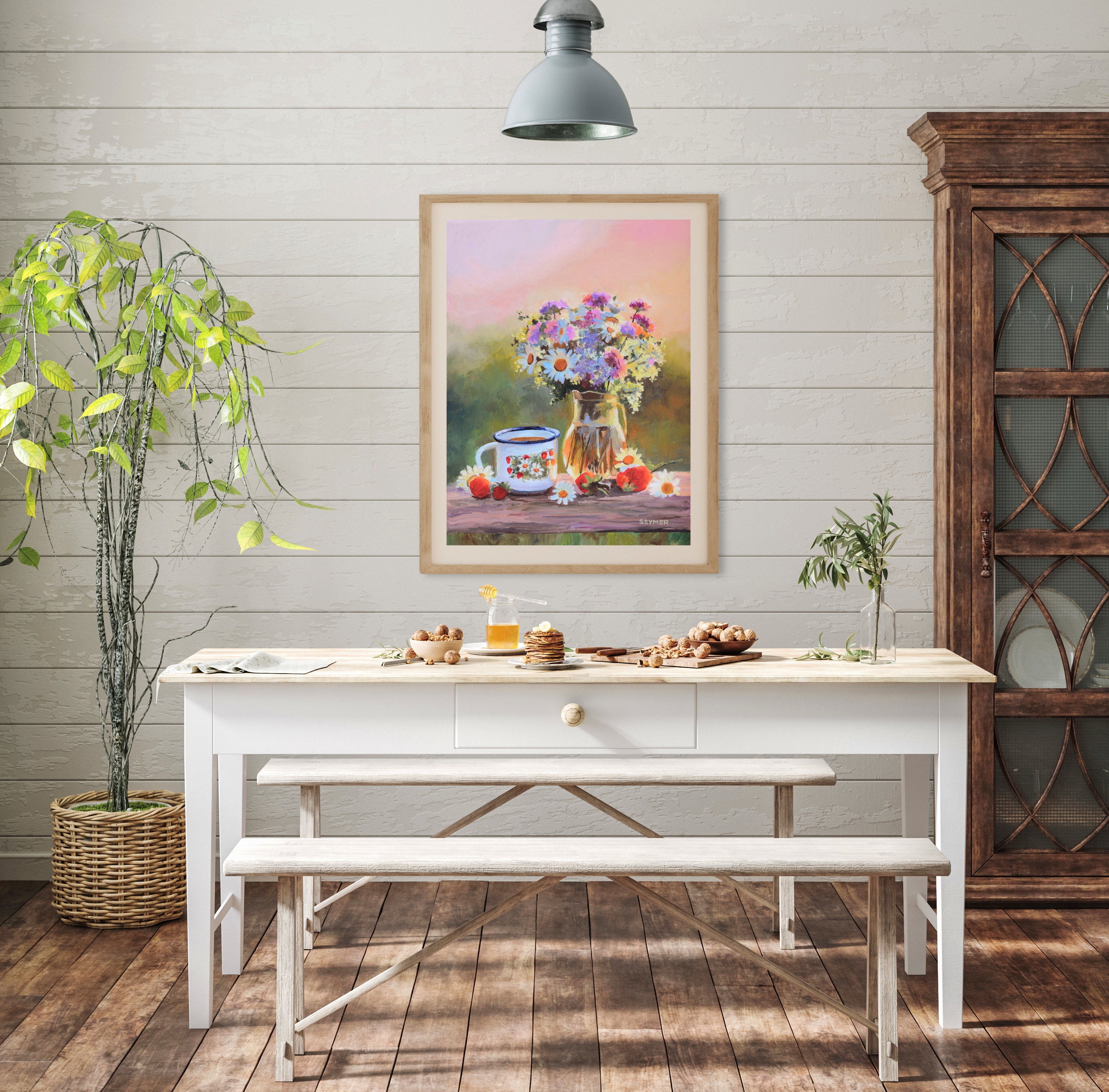 花瓶の油絵、小さな静物画、デイジーの絵、オリジナル油絵、額装された