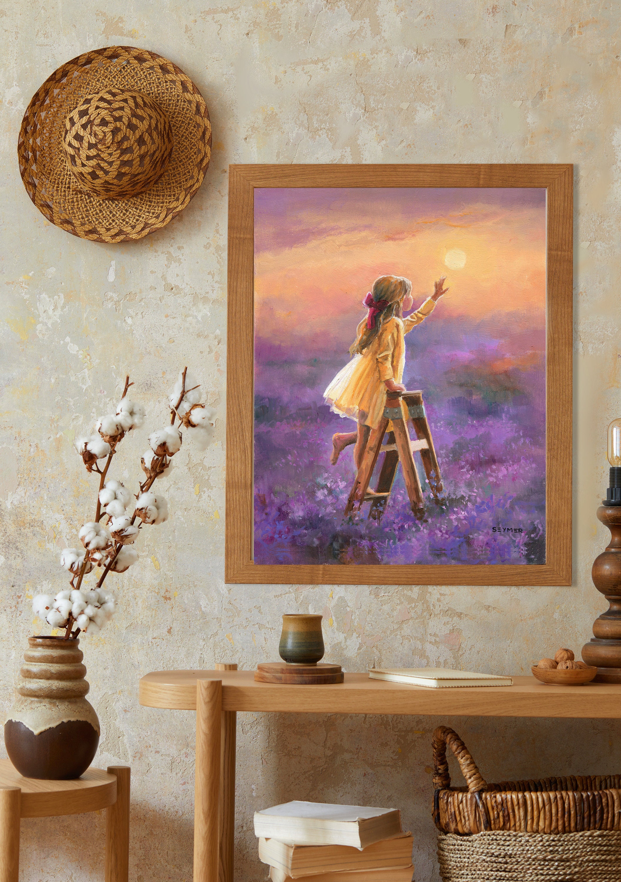 小さな女の子のオリジナル絵画、野生の花の女の子の油絵、子供部屋の