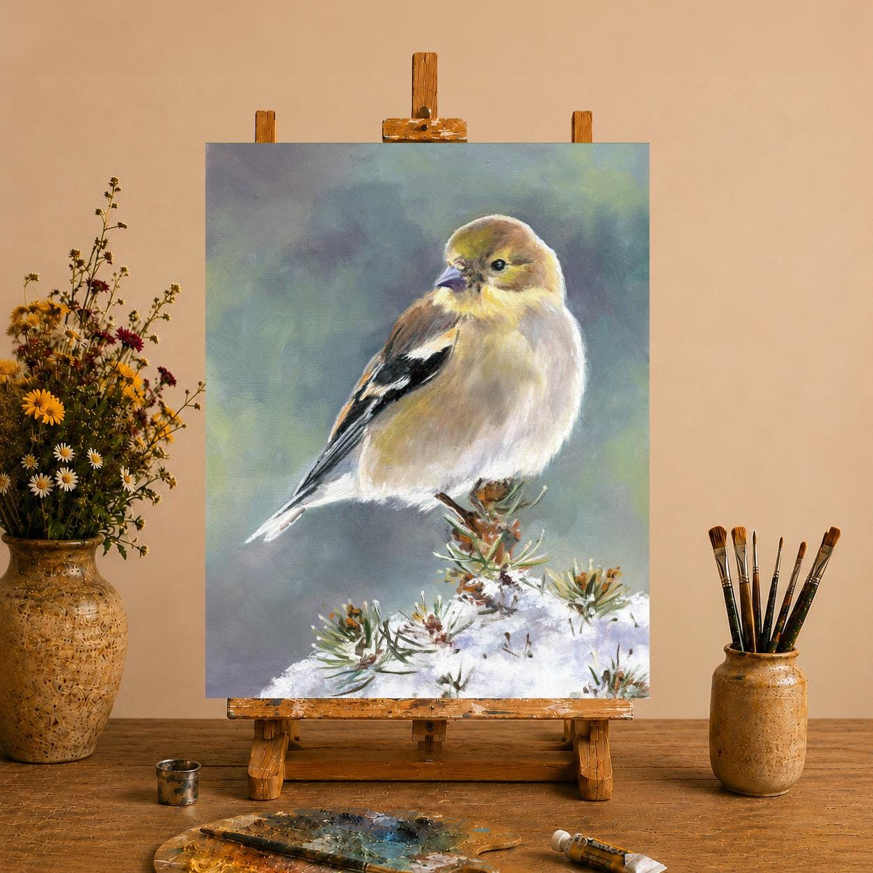 ゴシキヒワのオリジナル絵画、写実的な鳥の絵、動物の油絵、黄色い鳥の