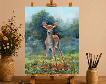 Cuadro al óleo realista de un cervatillo, pintura ORIGINAL de un cervatillo, arte mural de cervatillo para decoración vintage, arte animal para amantes de la naturaleza, cuadro al óleo enmarcado.