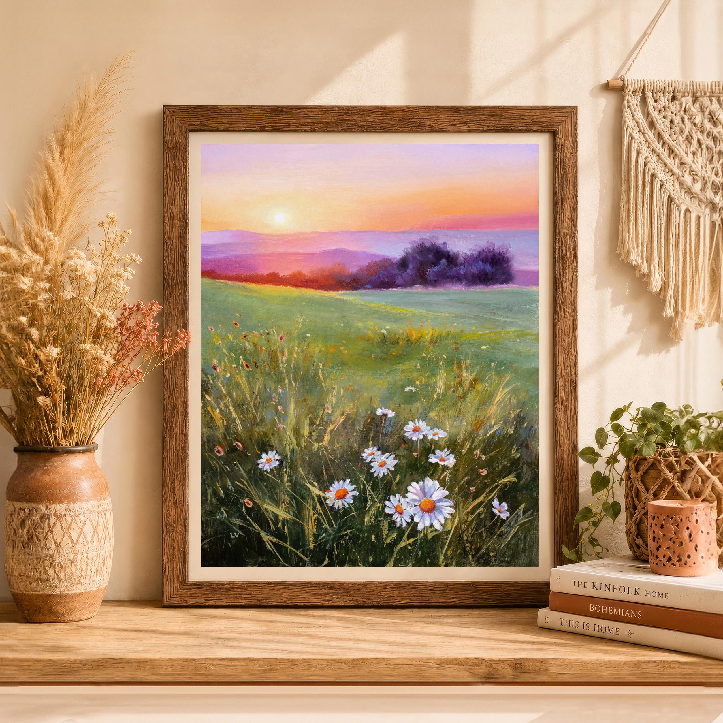 Spring Daisy Meadow Oil Painting PRINT, Warm Colors Sunset Sky Art