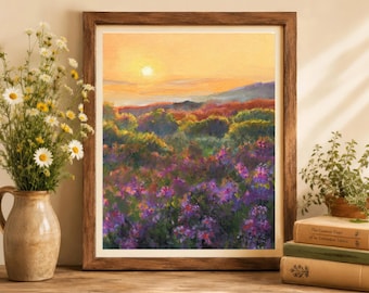 Impresión artística de campo de flores, cielo naranja al atardecer, montañas al atardecer en la pradera, pintura al óleo de paisaje impresionista, escena campestre, paisaje colorido