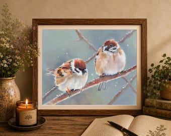 Birds art PRINT, Sparrow wall art, Two birds painting, Vintage bird art, bird lover gift, Birds nursery art, Couple sparrows on a branch