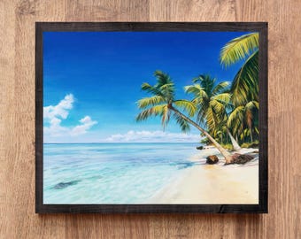 ハワイの海の油絵オリジナル、カラフルなエキゾチックなビーチのアート