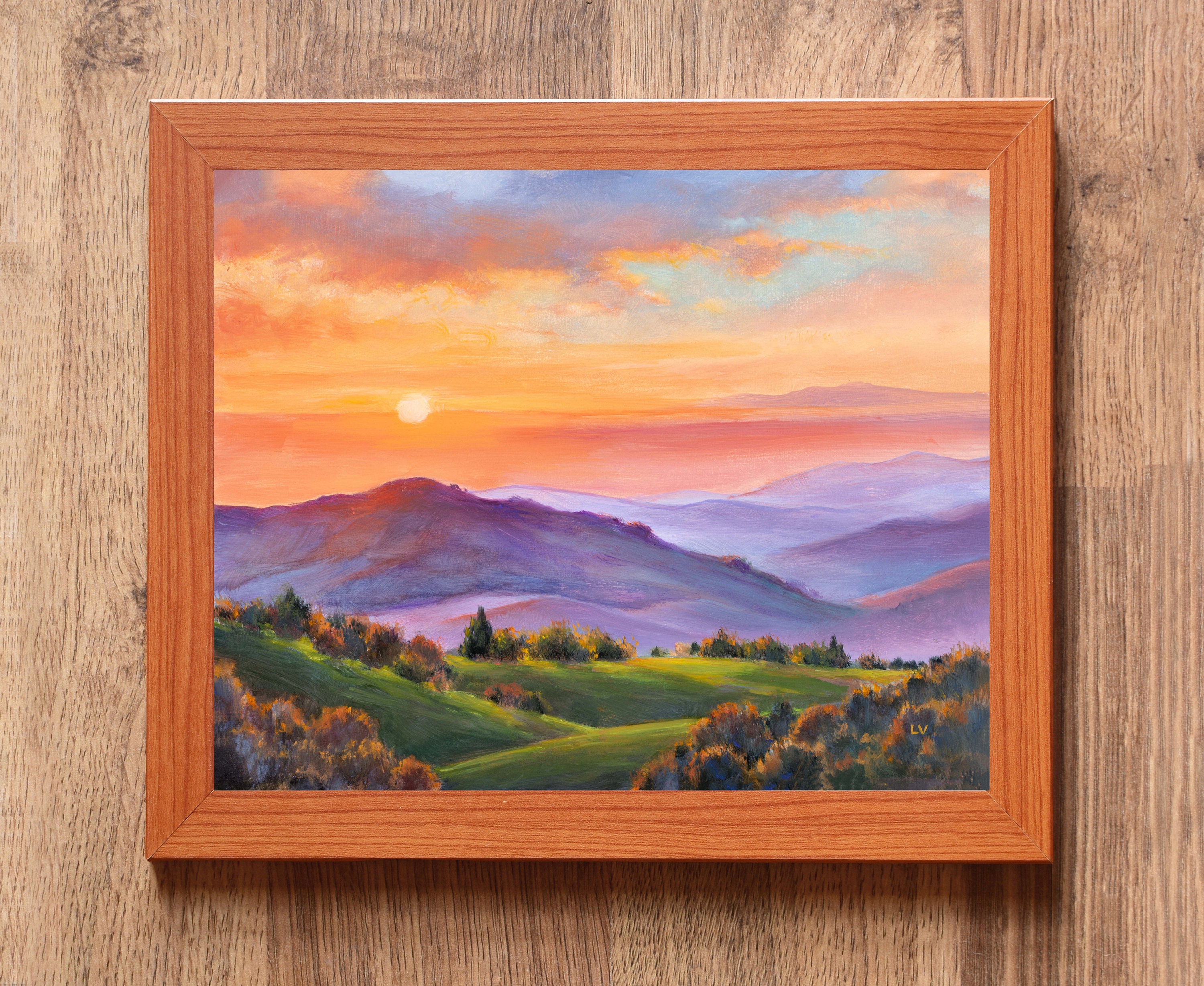 Colorful landscape ORIGINAL painting, Green grassy hills Sunshine