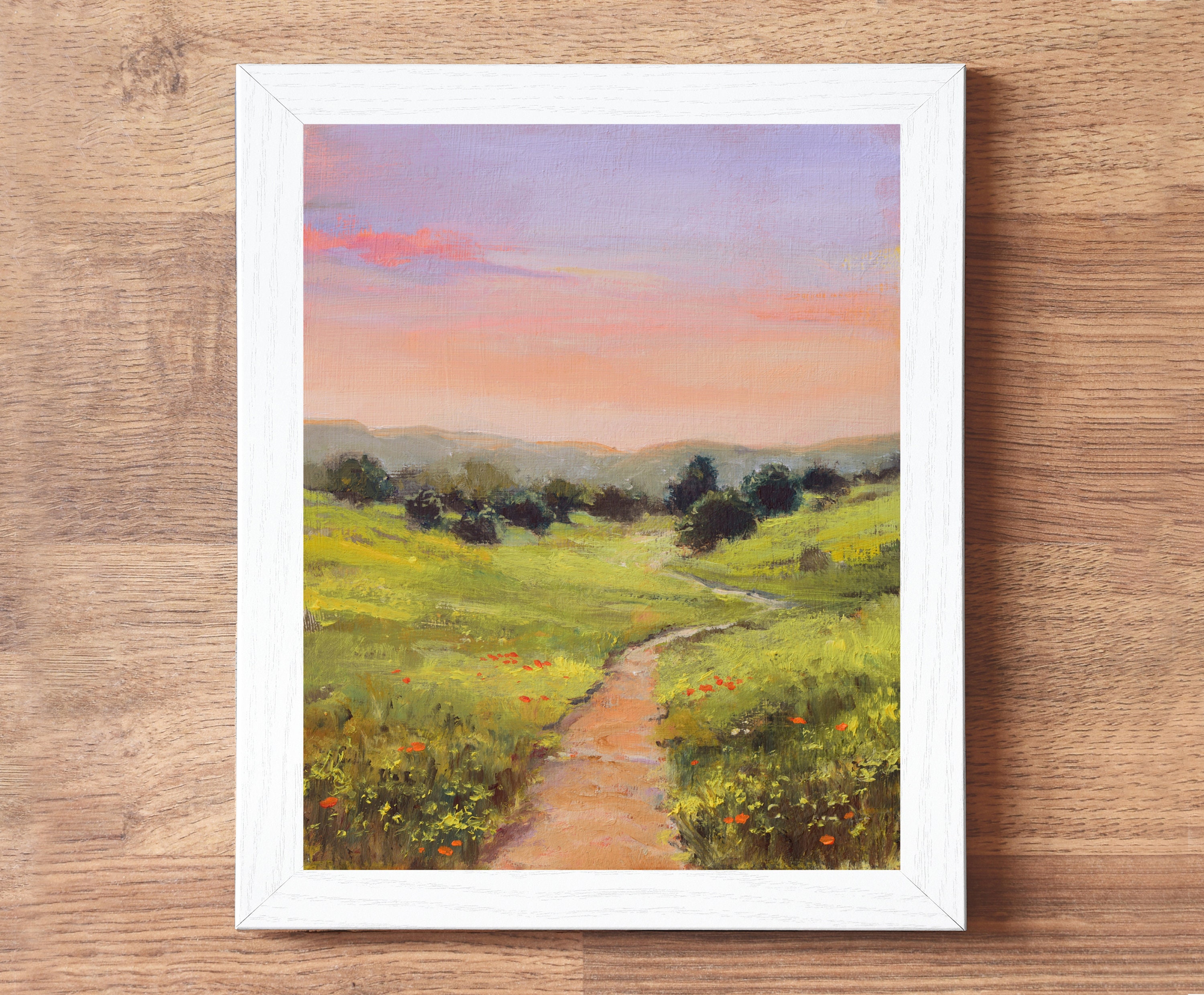 田舎道の絵画、草原の風景画、日の出の油絵、ピンクの空のアート、田舎