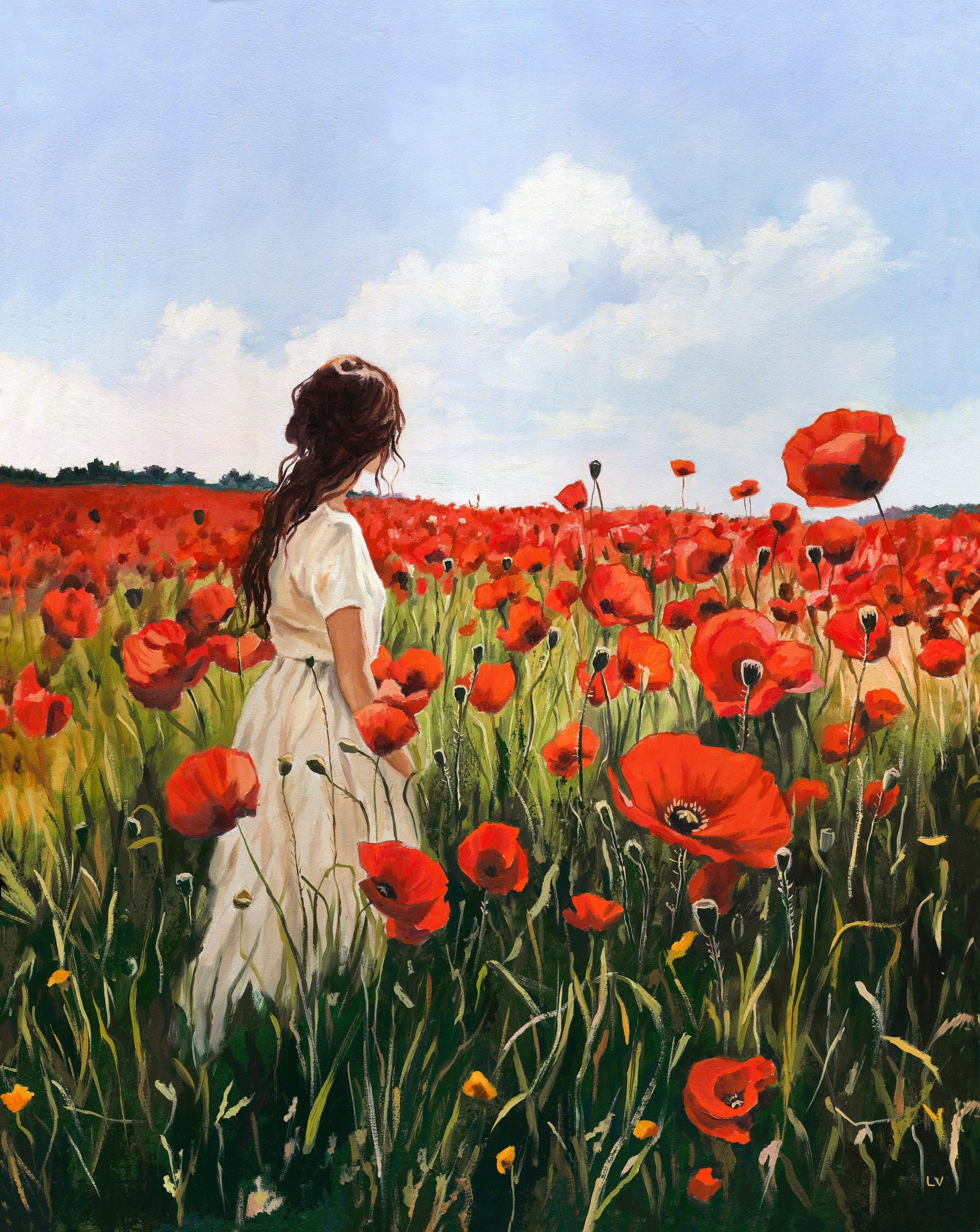 ケシ畑の女性オリジナル絵画、手描きの花を持つ少女の肖像画、赤い花の