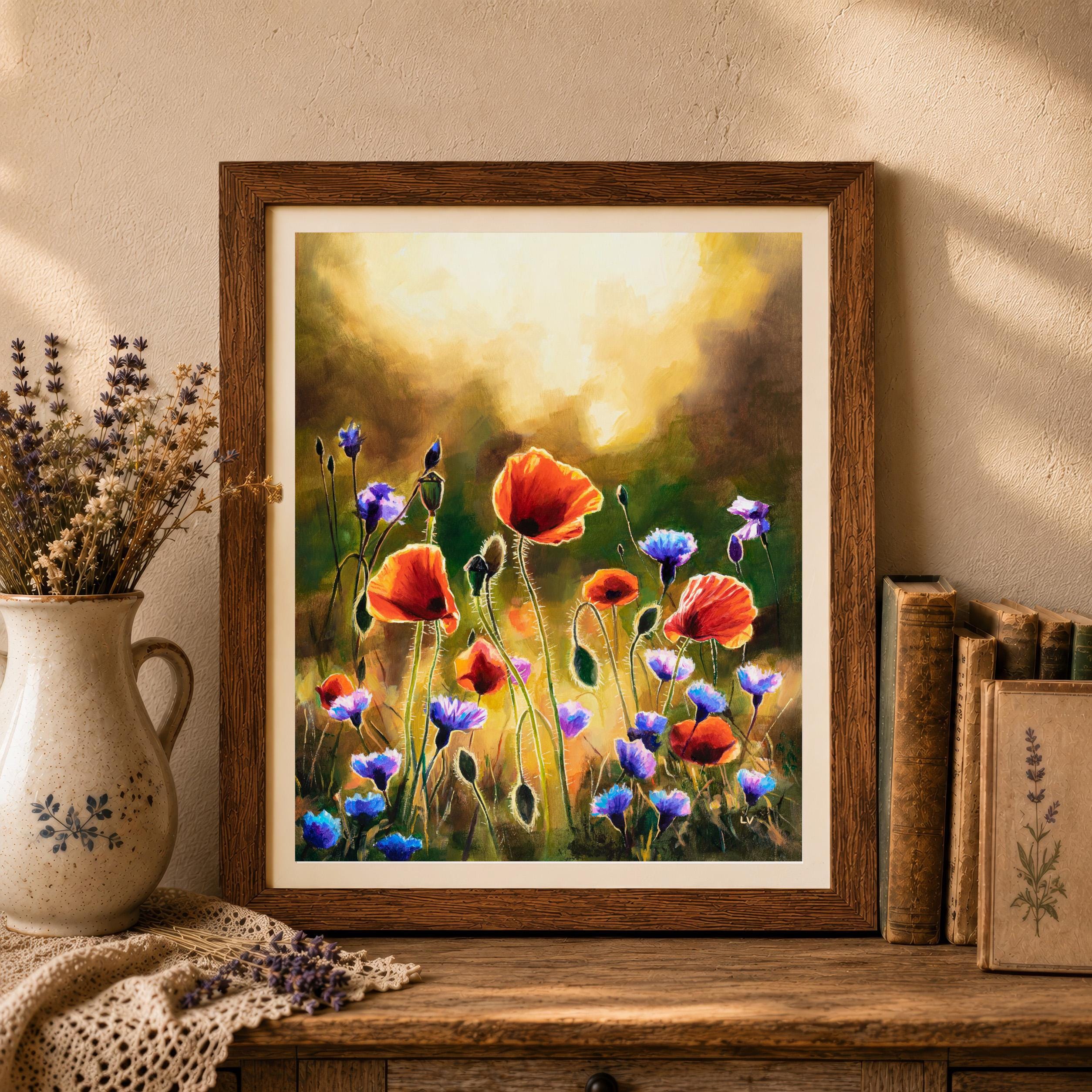 Poppies and Cornflower PRINT, Sunset Flowers Painting, Summer