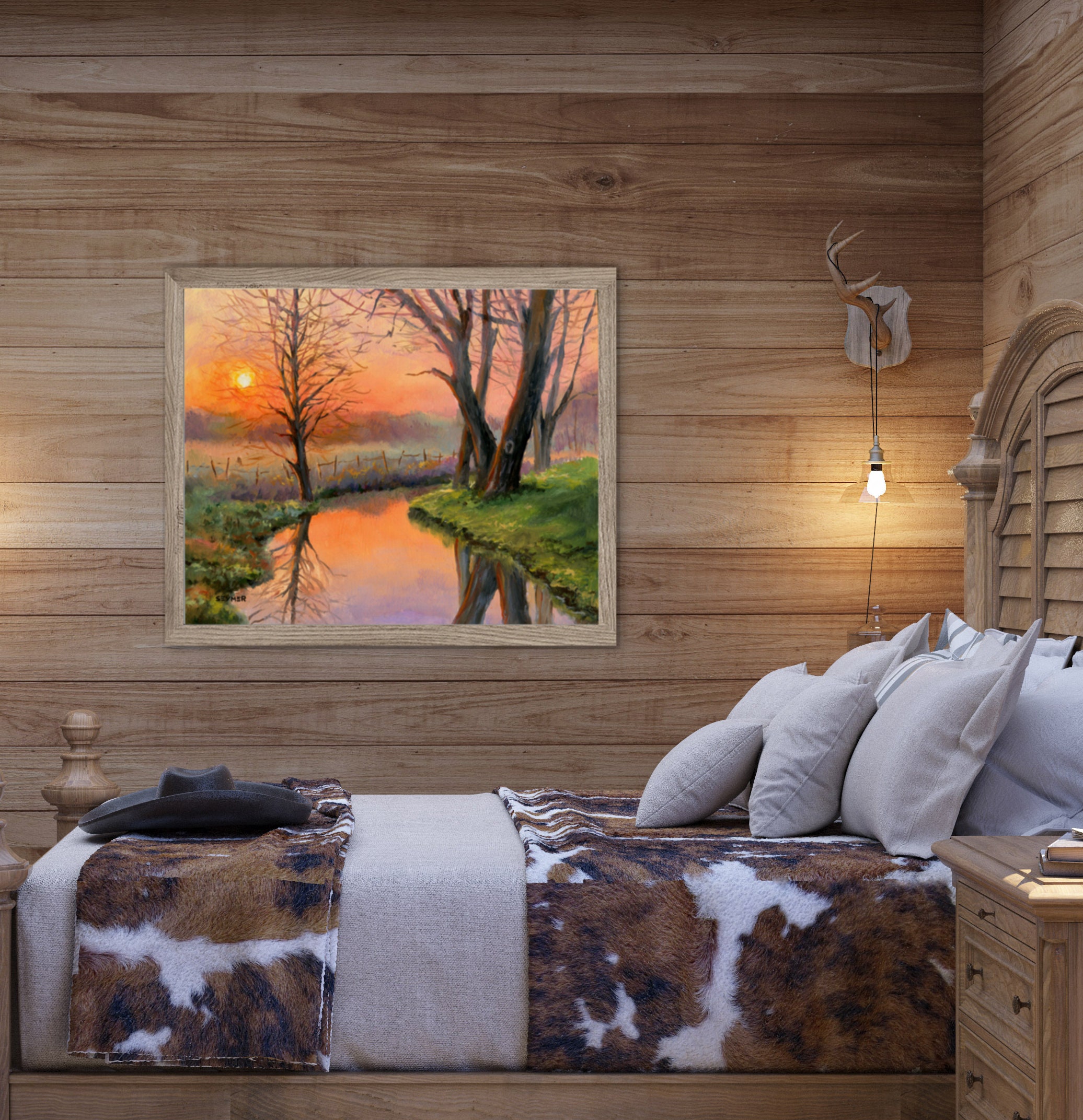 Tableau Forêt Lac Coucher De Soleil – Aquarelle Nature Cabane – Reproduction Encadrée Prête à Accrocher