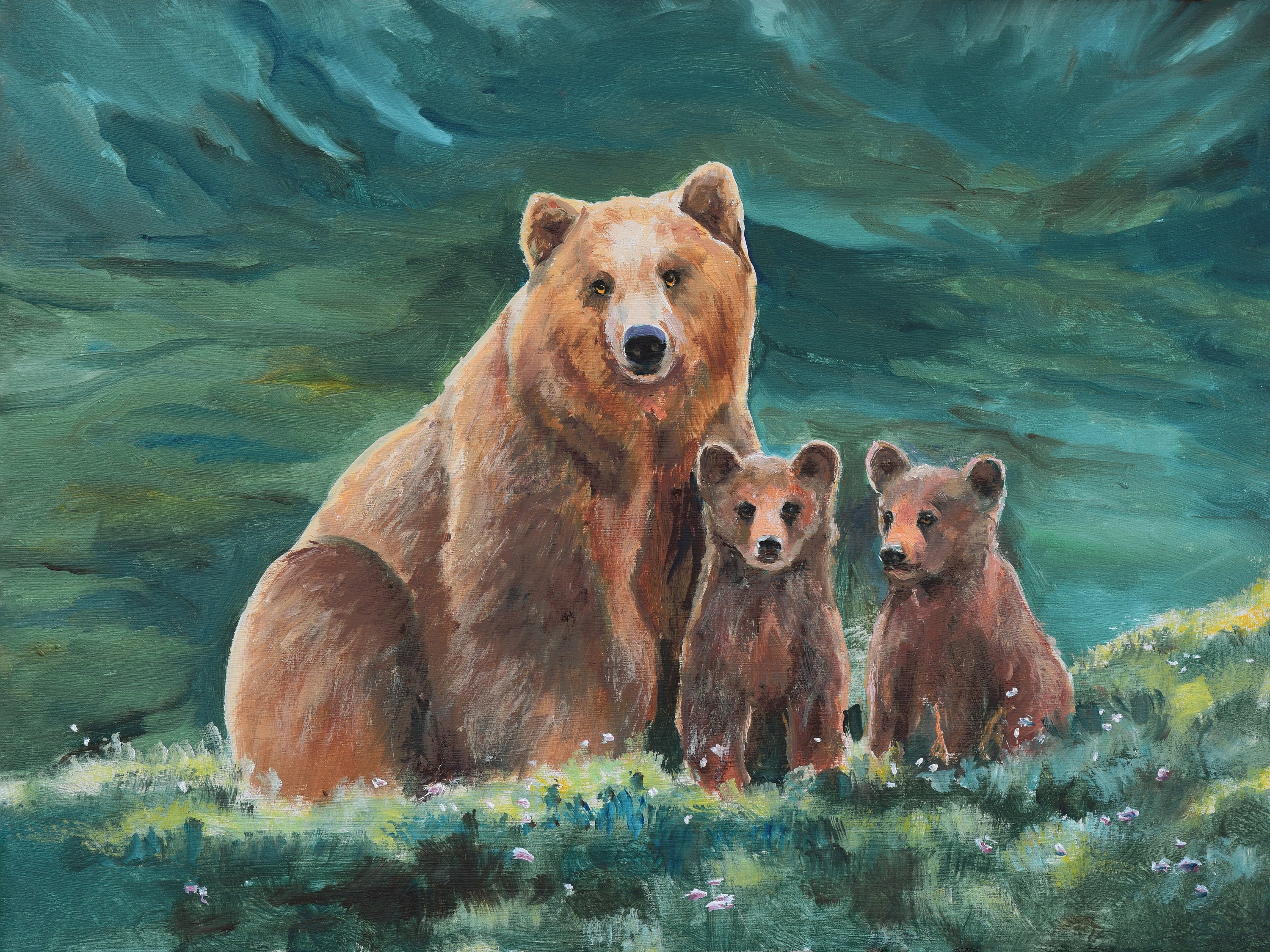 クマのアートプリント、母熊と子熊、ハイイログマの絵画、野生動物の