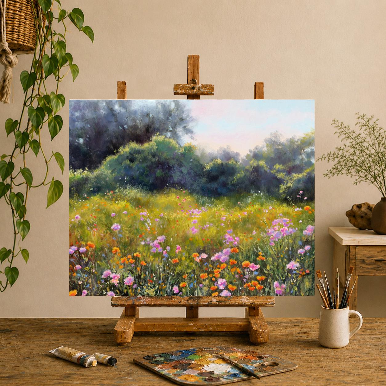 Colorful Flower Field ORIGINAL Oil Painting, Purple and Orange
