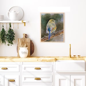 May include: A rectangular wall art print featuring a detailed painting of a small bird with olive-green, yellow, and blue plumage perched on a textured brown tree branch against a soft, blurred, dark green and grey background.