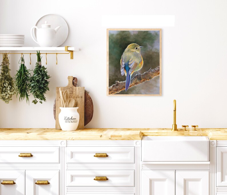 May include: A rectangular wall art print featuring a detailed painting of a small bird with olive-green, yellow, and blue plumage perched on a textured brown tree branch against a soft, blurred, dark green and grey background.