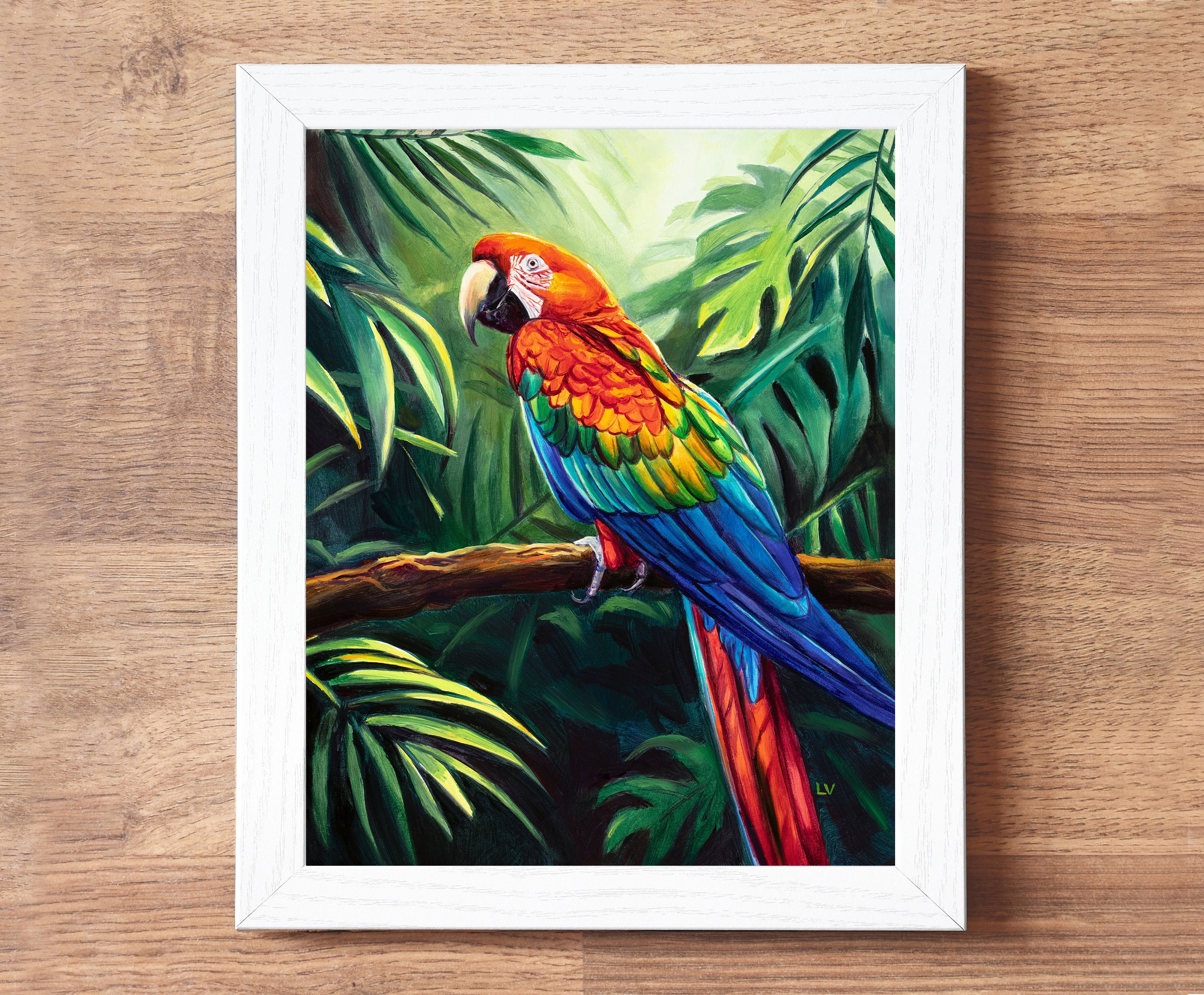 Red parrot ORIGINAL oil painting, Jungle macaw portrait, Tropical