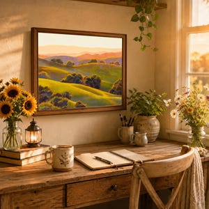 Peut inclure: Une peinture de paysage encadr&eacute;e repr&eacute;sentant des collines verdoyantes et des montagnes lointaines sous un ciel chaud, expos&eacute;e sur un mur au-dessus d'un bureau en bois avec un mug, un carnet ouvert, un stylo et des vases de tournesols.
