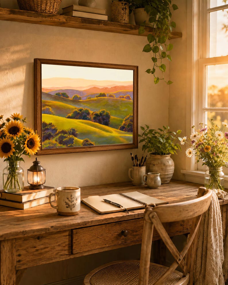 Peut inclure: Une peinture de paysage encadr&eacute;e repr&eacute;sentant des collines verdoyantes et des montagnes lointaines sous un ciel chaud, expos&eacute;e sur un mur au-dessus d'un bureau en bois avec un mug, un carnet ouvert, un stylo et des vases de tournesols.