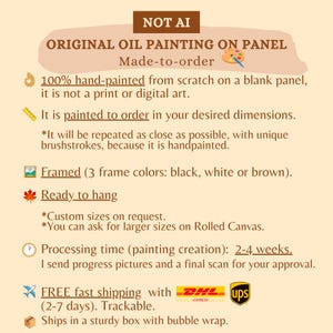Peut inclure: Un graphique informatif avec le texte NOT AI ORIGINAL OIL PAINTING ON PANEL. Il pr&eacute;cise que l'&oelig;uvre est peinte &agrave; la main sur panneau, r&eacute;alis&eacute;e sur commande dans des dimensions personnalis&eacute;es, encadr&eacute;e en noir, blanc ou marron, et pr&ecirc;te &agrave; accrocher.