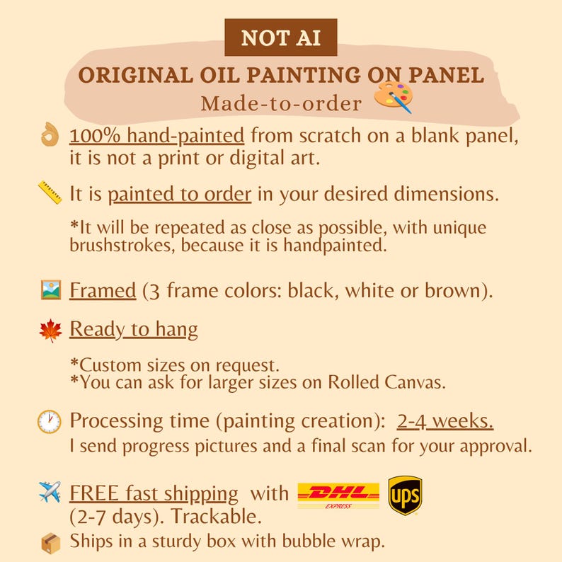 Peut inclure: Un graphique informatif avec le texte NOT AI ORIGINAL OIL PAINTING ON PANEL. Il pr&eacute;cise que l'&oelig;uvre est peinte &agrave; la main sur panneau, r&eacute;alis&eacute;e sur commande dans des dimensions personnalis&eacute;es, encadr&eacute;e en noir, blanc ou marron, et pr&ecirc;te &agrave; accrocher.