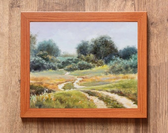 田園風景、柔らかな色調、オリジナル絵画、夏の田園風景、田舎道、丘
