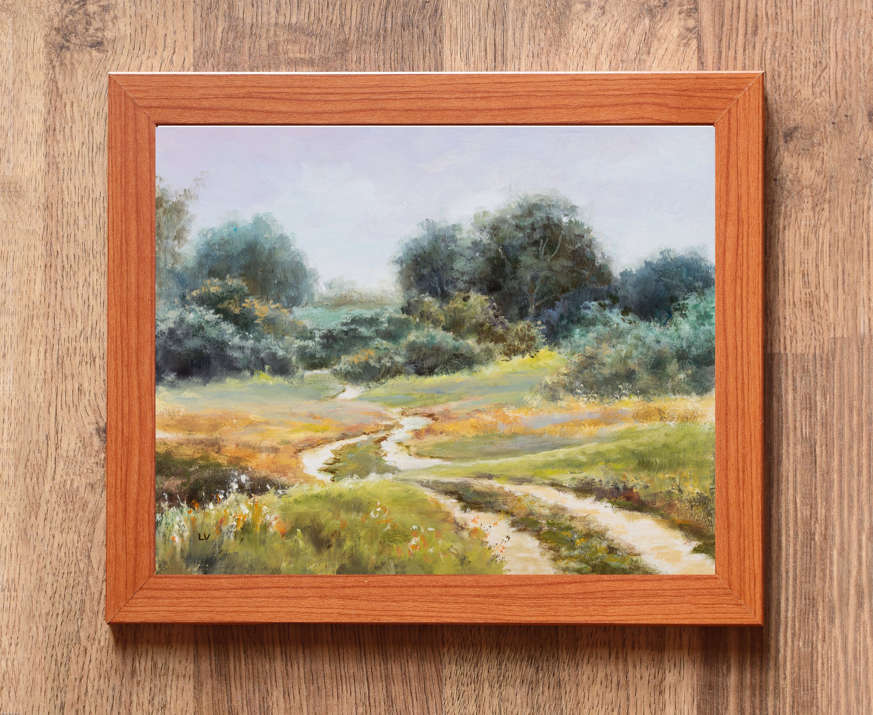 田園風景、柔らかな色調、オリジナル絵画、夏の田園風景、田舎道、丘