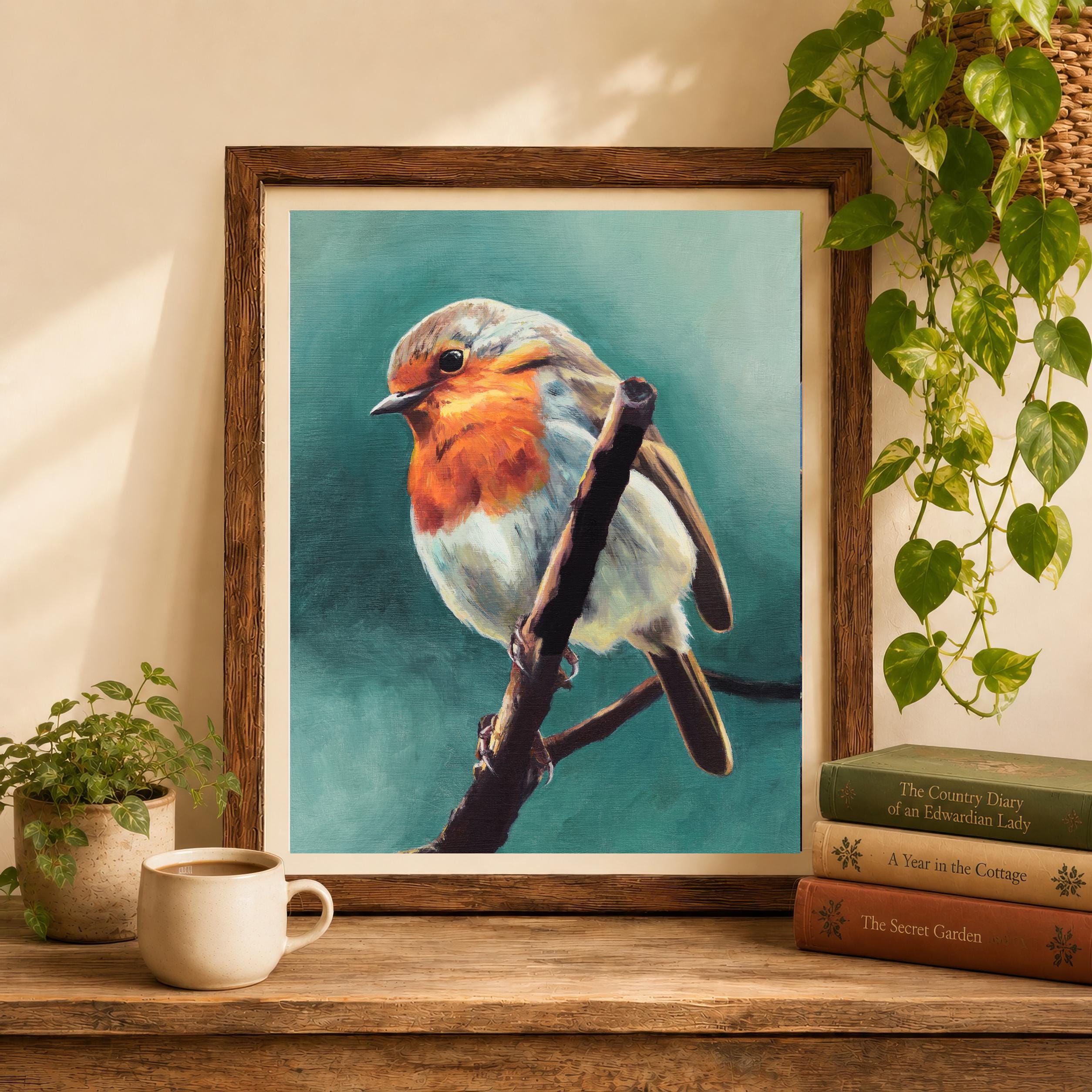 イングリッシュロビンのプリント、コマドリの絵画、枝に止まる鳥の